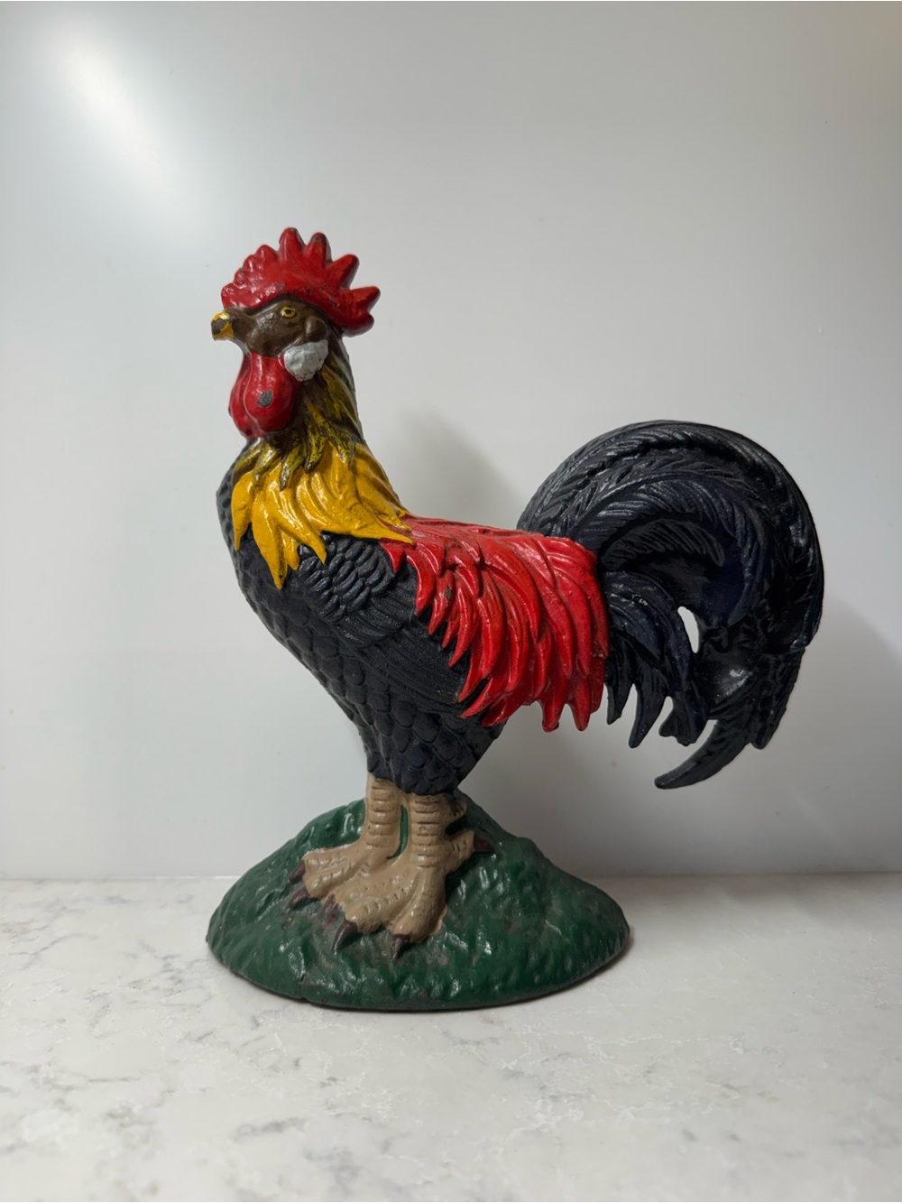 Vintage Hand-Painted Rooster Figurine in Red, Black, Yellow - Home Accents
